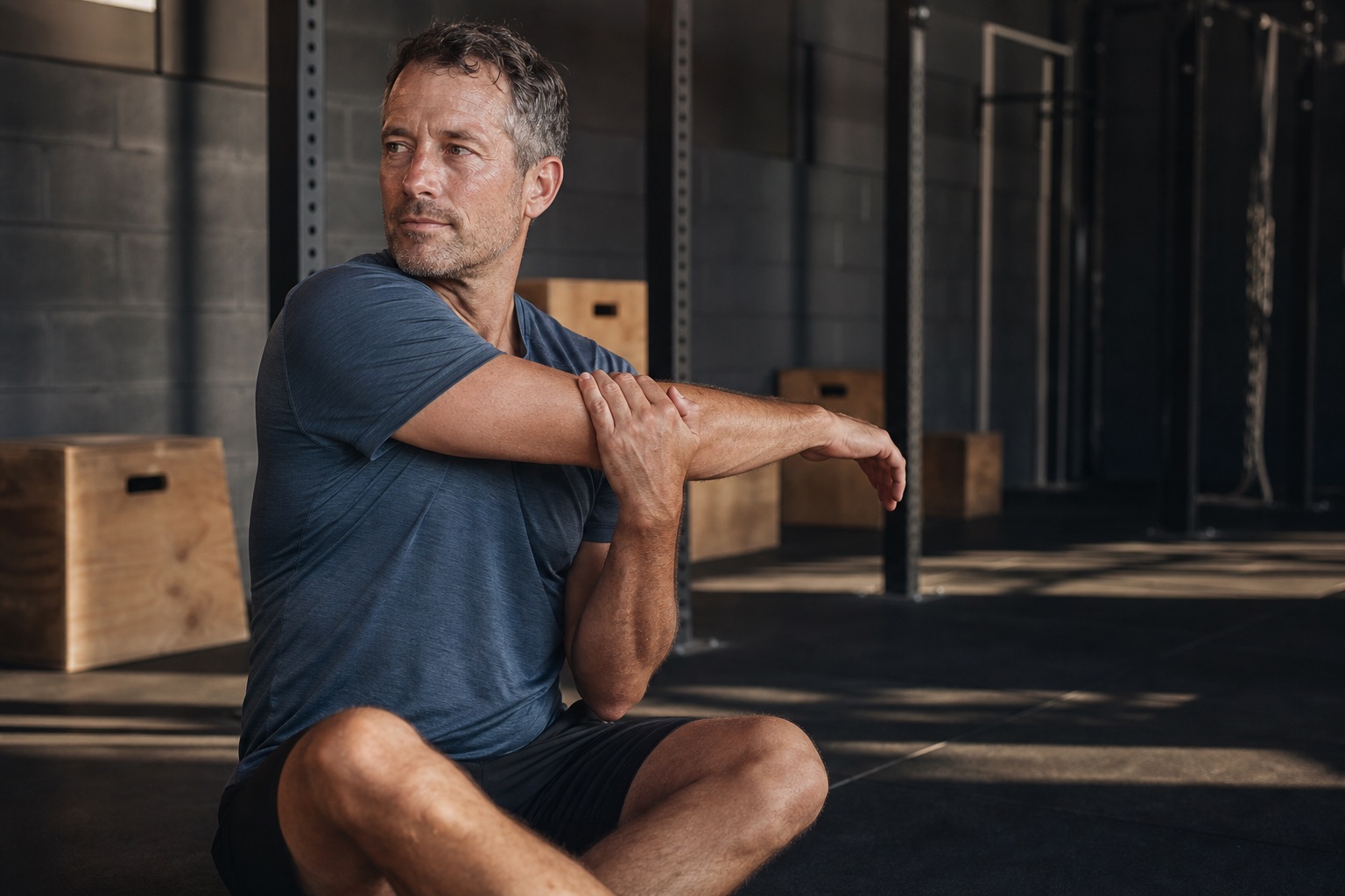 Mature athlete stretching after a gym session