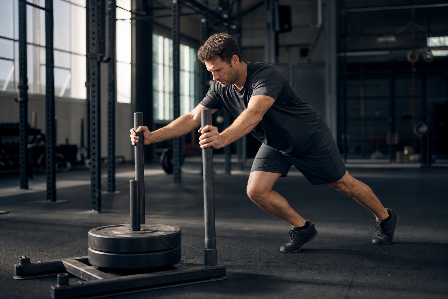 Athlete pushing a weighted sled during strength training